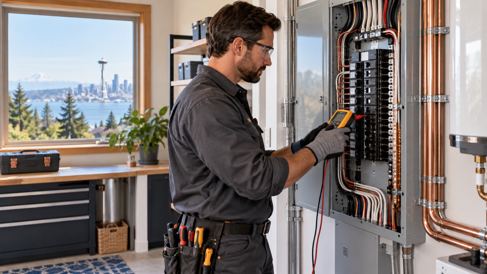 Electrician inspecting a home electrical panel