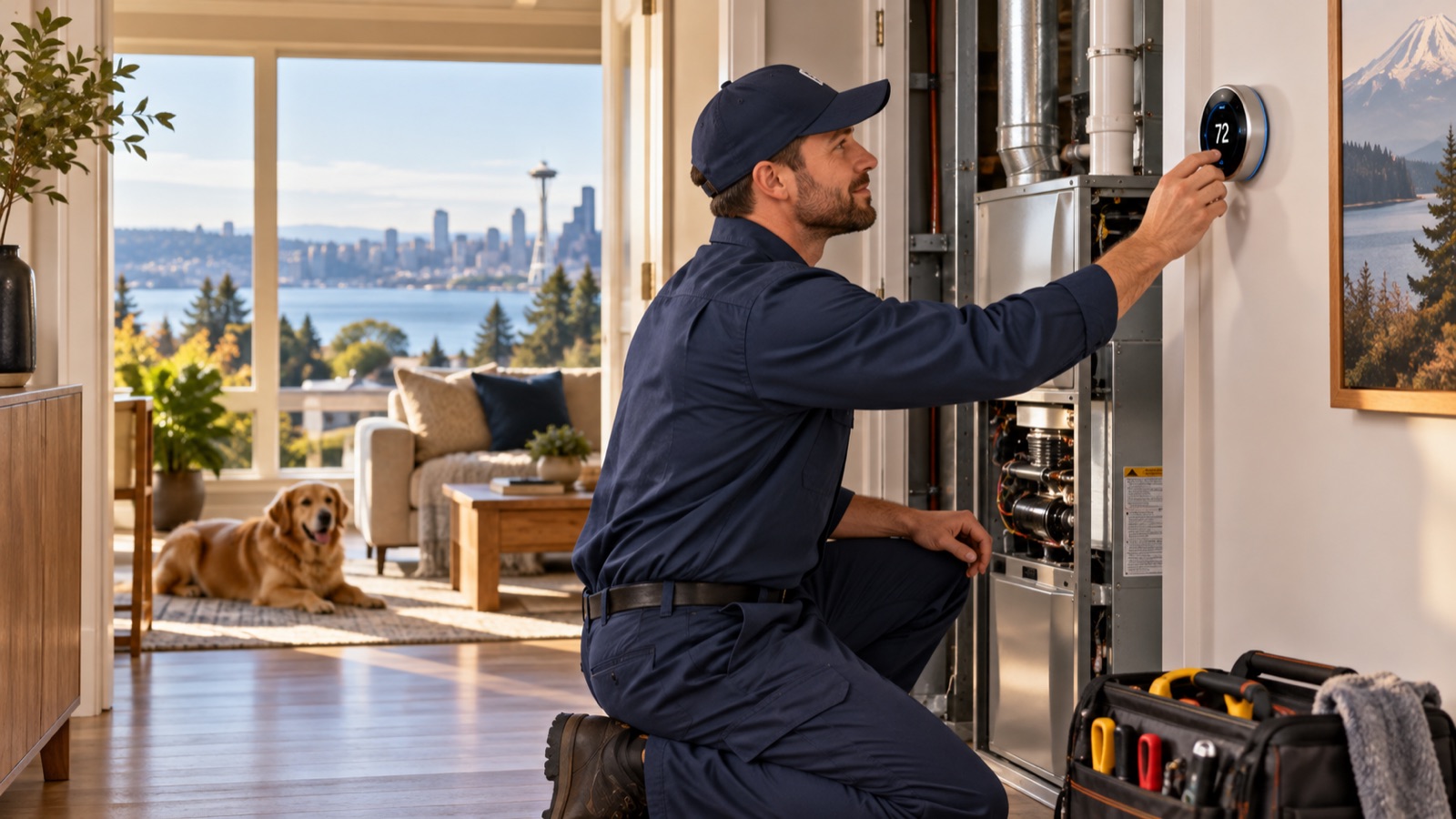 HVAC technician checking a home heating system